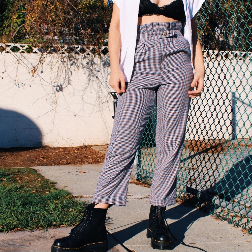 High waisted plaid trousers